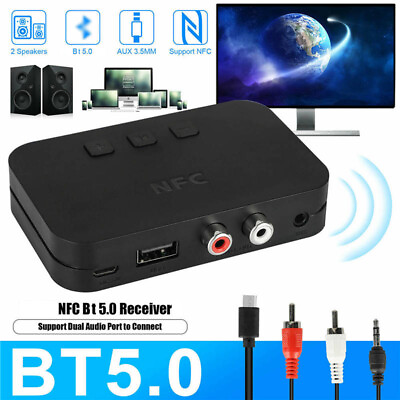 #ad BT Blue tooth 5.0 NFC Receiver Wireless AUX 3.5mm to 2 RCA Audio Stereo BE $12.50