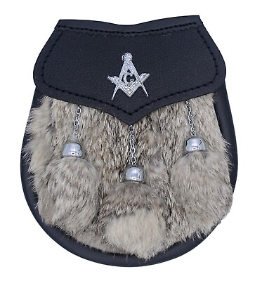 #ad Scottish Semi Dress Grey Rabbit Fur Kilt Sporran with Chain Belt Masonic Badge $14.99