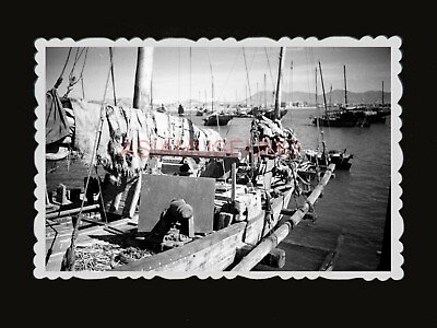 #ad 1940s SHIP BOAT JUNK CANNON HARBOR PIER SAIL VINTAGE Bamp;W Hong Kong Photo #1576 $23.99