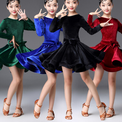 #ad Kids Girls Velvet Dancing Dress Velour Dancewear Latin Bow Swing Modern Ballroom $33.44