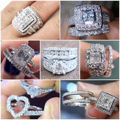 #ad 2PCS Women 925 Silver Filled Rings Gorgeous Cubic Zircon Wedding Jewelry Sz 6 10 C $3.83