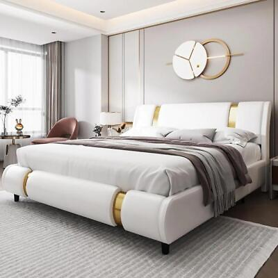 #ad Platform Bed Frame Upholstered in Faux Leather Gold Iron Metal Upholstery $950.99
