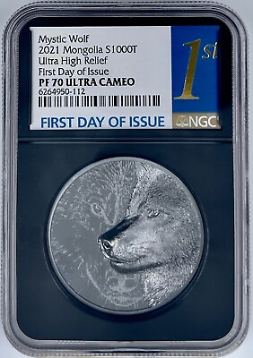 #ad 2021 Mongolia Mystic Wolf 2 Oz Black Proof Silver Coin NGC PF70UCAM FDOI UHR 999 $274.99
