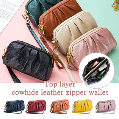 #ad Leather Hand Collar Bag Zipper Large Capacity Cowhide Phone Clutch Wallet Women $12.82