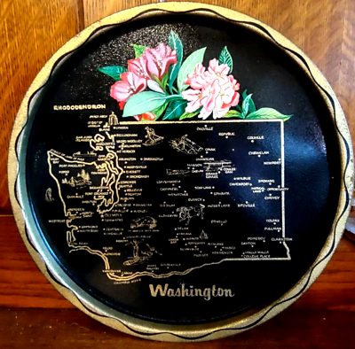 #ad State Flower Washington Painted Metal Bar Tray Plate Souvenir Rhododendron 11quot; $12.99