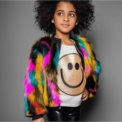 #ad MIA New York Multi Color Fuzzy girls zip up jacket Medium NWT $65.00