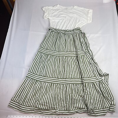 #ad August Sky Women#x27;s Size Small Short Sleeve Waist Tie Maxi Dress White Green $19.98