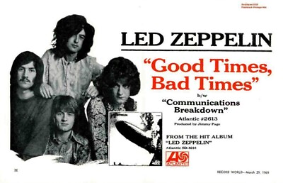 #ad 1969 Led Zeppelin quot;Good Times Bad Timesquot; Song Release Promotional Ad Print C $11.95