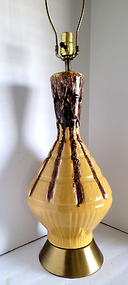 #ad Vtg Mid Century Modern Dijon Yellow Ceramic Drip Glaze Table Lamp $85.00