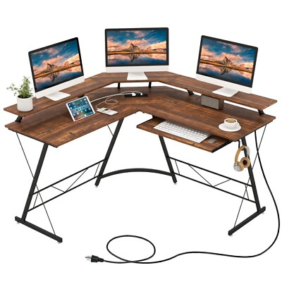 #ad L Shaped Gaming Desk Office Corner Computer Desk W Power Outlet amp; Monitor Stand $108.97