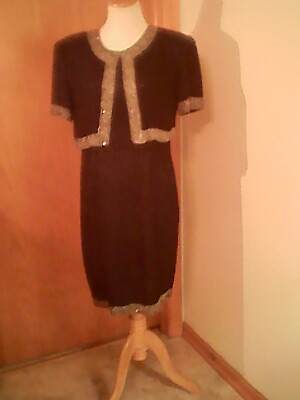 #ad Vintage Stenay Beaded Sequin Black Gray silk formal dress size 12 fake 2 piece $34.50