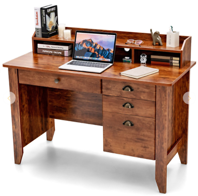 #ad Laptop Computer Desk Workstation Rustic Oak with 4 Drawers Shelves File Cabinet $336.88