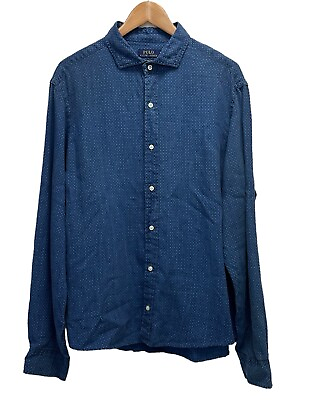 #ad Polo Ralph Lauren Mens Sz XL Classic Fit Button Front Shirt Blue Geometric Linen $39.95