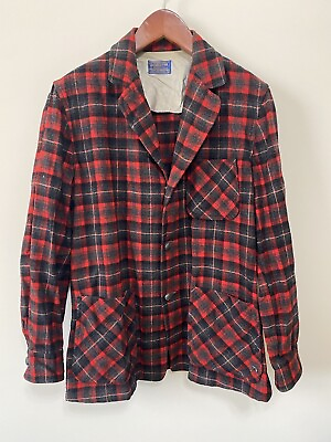 #ad Vintage Pendleton Womens Blazer Chore Jacket Wool Red Black Plaid Tartan Large $39.97