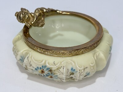 #ad RARE Antique Wave Crest 5.5” Dresser Bowl Cherub on Rim Glass Floral $159.00
