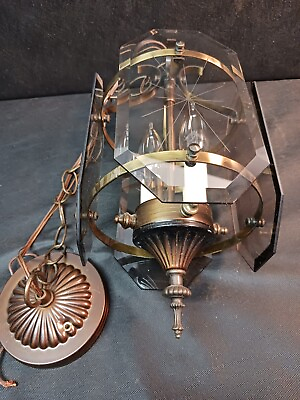 #ad Vintage Hanging Lamp 4 Beveled Tinted Glass Panels Brass Metal 32quot; With chain $95.00