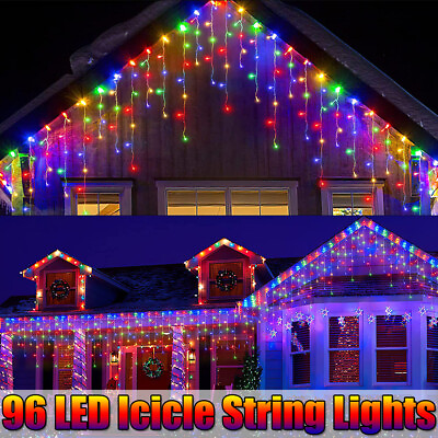 #ad 96 LED Christmas Icicle Lights Solar Outdoor String Lights Xmas Wedding Decor $19.79
