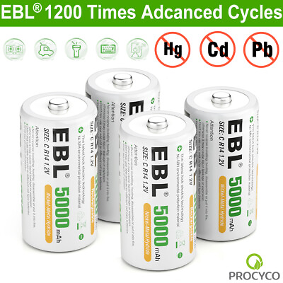 #ad EBL 4Pcs 5000mAh C Size R14 Rechargeable Batteries 1.2V C Cell NI MH Battery USA $14.99