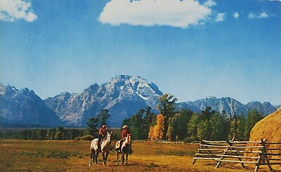#ad Dude Ranch Jackson Hole WY Postcard Cowboys Horses Landscape $7.00