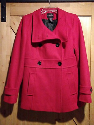 #ad George Ladies Double Breasted Coat Womens Pea Jacket Red Wool Blend 4 6 S $17.09