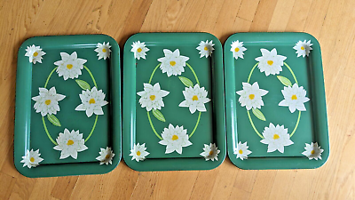 #ad Lot of 3 Vintage Mid Century Modern Metal TV Lap Tray Green Lotus Water Lily $15.00