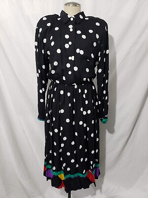 #ad Melissa Vtg Black White Polka Dot Midi Dress Waist Long Sleeve 12 Made in USA $28.99