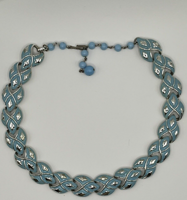 #ad Coro Vintage Light Blue Enameled Silver tone Necklace Choker Adjustable Length $27.00