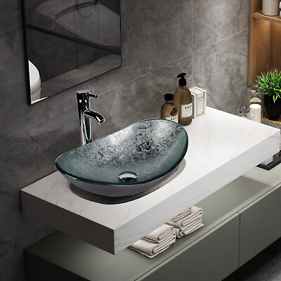 #ad Vessel Sink Tempered Glass Basin Bowl Bathroom Vanity Silver Faucet PopUp Drain $107.99