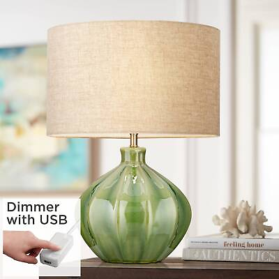 #ad Modern Table Lamp with USB Charging Port Green Ceramic Drum Shade Living Room $139.94