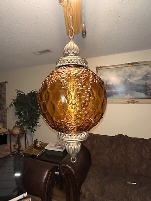 #ad Vintage AMBER Swag Lamp Hanging Retro Hollywood Regency Antique Light $145.00