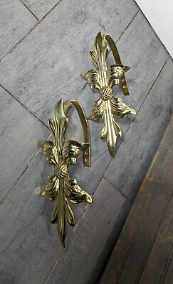 #ad Vintage Pair of Brass Curtain Tie Backs Drape Hooks Acorn Leaves $36.00