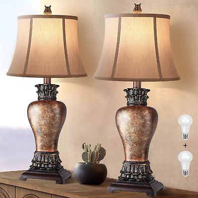#ad 29 Farmhouse Rustic Table Lamps Set of 2 3 Color Temperature Dimmable $108.83