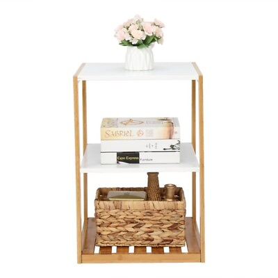 #ad 43.2*43.2*63.5cm Three Layer Bamboo Side Table Rectangular White Table Top Natur $45.82
