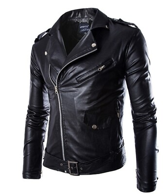 #ad Mens Pu Leather Jacket Coat Slim Fit Motorcycle Long Sleeve Black Biker Outdoor $91.25