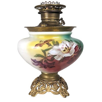 #ad Rare Pamp;A ANTIQUE 1895 quot;THE JUNO LAMPquot; BRASS LAMP w Drop In FLORAL Porcelain $145.00