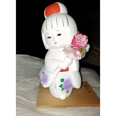 #ad Vtg Japanese Hakata Bisque Geisha Doll on Signed Wooden Base 7 3 4” T Ceramic $64.88