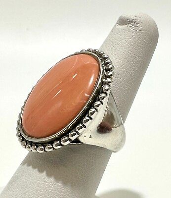 #ad STERLING SILVER CHUNKY OVAL ROSE STONE BEADED PEBBLE EDGE COCKTAIL RING 7.25 $45.00