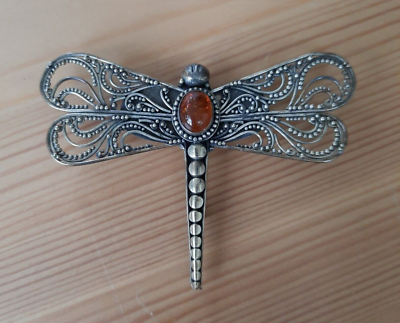 #ad 925 Sterling Amber Dragonfly Filigree Modernist Vintage Brooch Pin $58.00