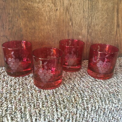 #ad Vintage Cranberry Glasses Etched Grape amp; Leaf Red Flash Glass MCM Cocktail Set 4 $34.99