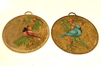 #ad VTG Two Hand Painted Toleware Tole Round Wall Hangings Red amp; Blue Cardinals $15.30