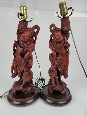 #ad Chinese Wood carved two Antique Buddha Sculptures 15quot; High Lamps with no shade $950.00