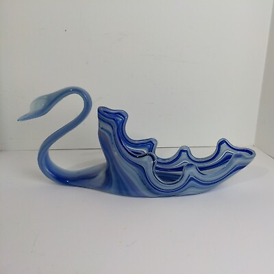 #ad Large Blue White Swirl Murano Style Hand Blown Art Glass Swan Bowl Dish Decor $137.75