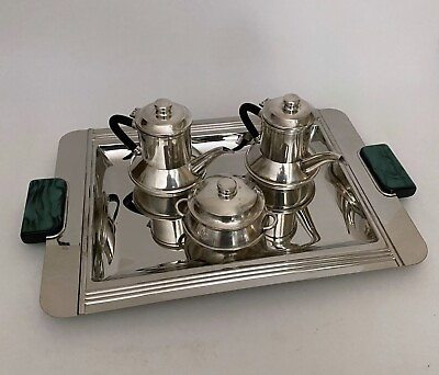 #ad French Vintage Individual Coffee Tea Pots amp; Sugar Bowl on Modernist Tray 1930’s $195.00
