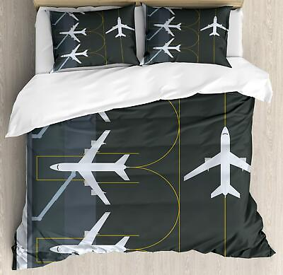 #ad Airport Duvet Cover Set Aviation Themed Simple Illustration of Parked Airpla... $124.66