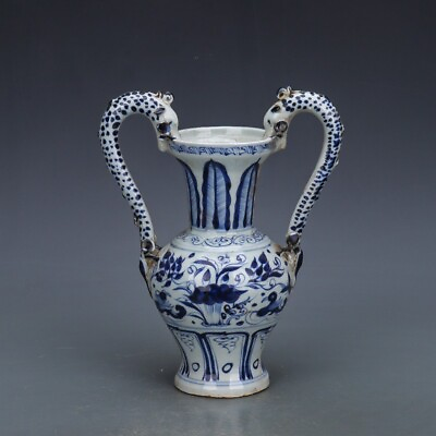 #ad Chinese Antique Yuan Dynasty Blue White Porcelain Mandarin Duck Twin Dragon Vase $499.00