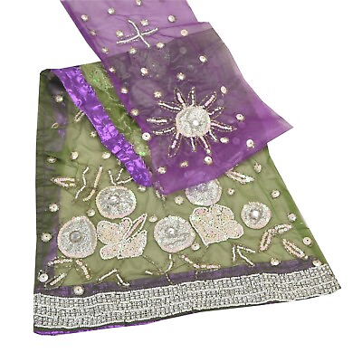 #ad Sanskriti Vintage Design Fabric Hand Beaded Craft Green Lavender Sequins Work $17.99