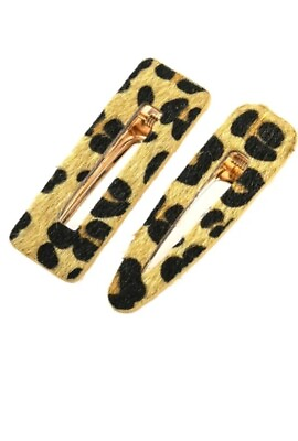 #ad Two pcs Yellow Black Leopard Animal Print Faux Fur Hair Clips $6.99
