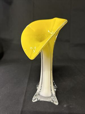 #ad Vintage Murano Style Tulip Art Glass Yellow and White Glass Vase Long 9”T 4”W $21.99