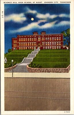 #ad Vintage Postcard Science Hill High School at Night Johnson City Tennessee 7454 $12.95
