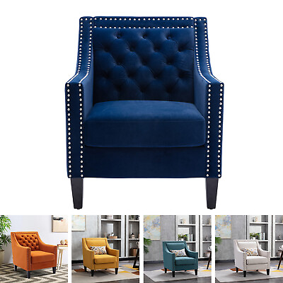 #ad Velvet Rivet Accent Armchair Single Sofa Upholstered Chair Tufted Back Wood Legs $249.90